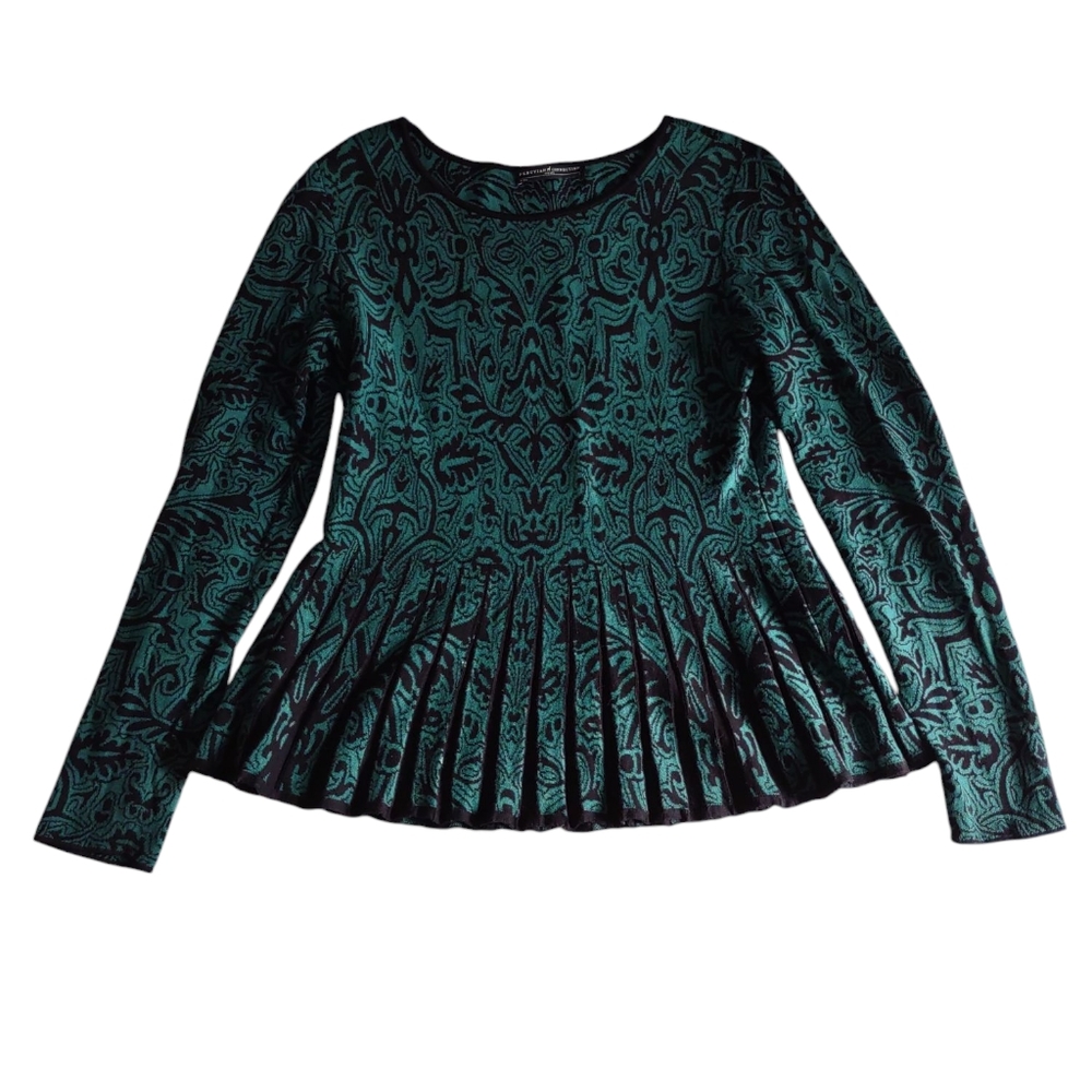 Peruvian Connection Size Small Green Pleated Jacquard Knit Sweater Top